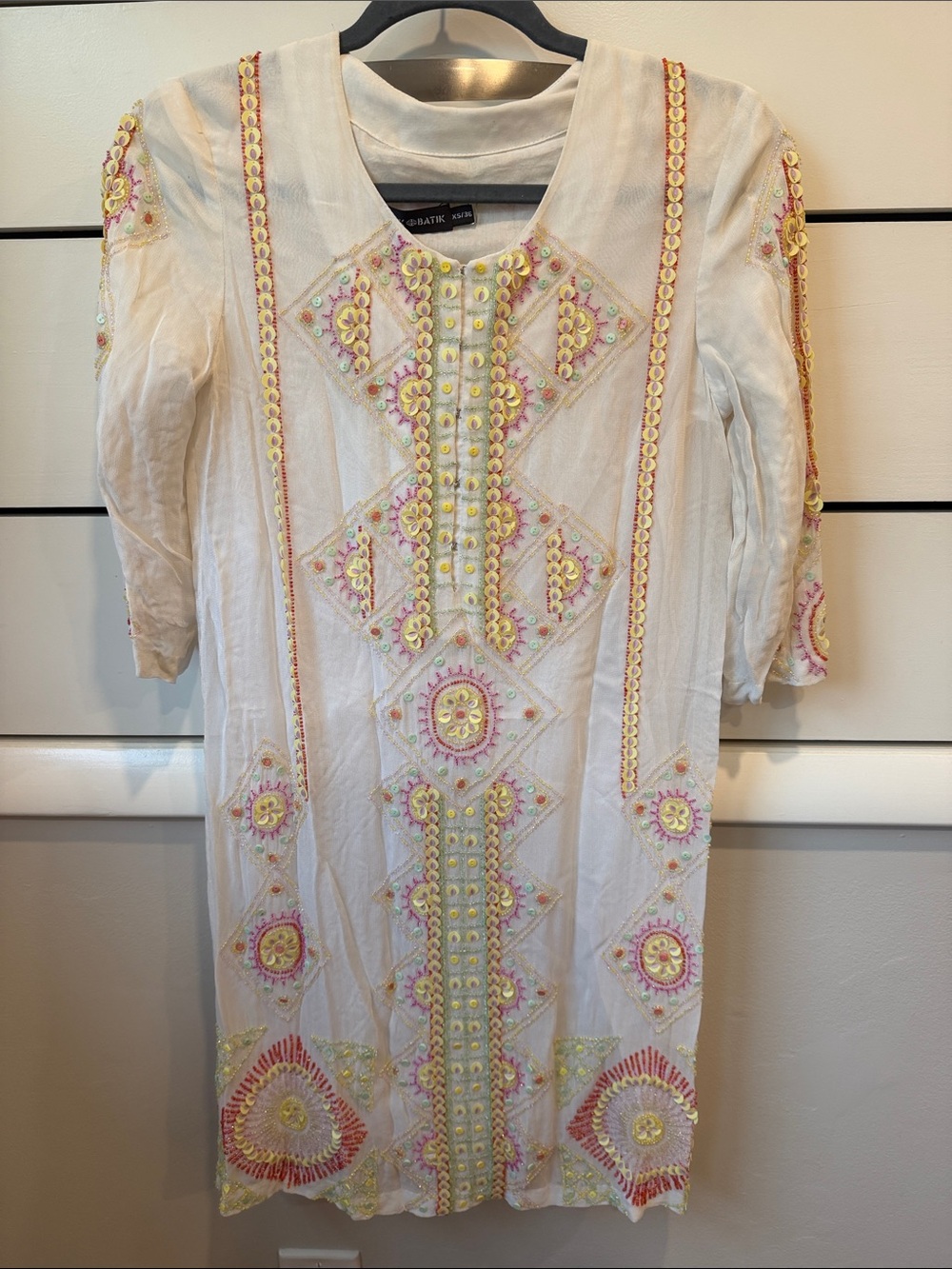 Beaded White Tunic Dress with Pink & Yellow Accents